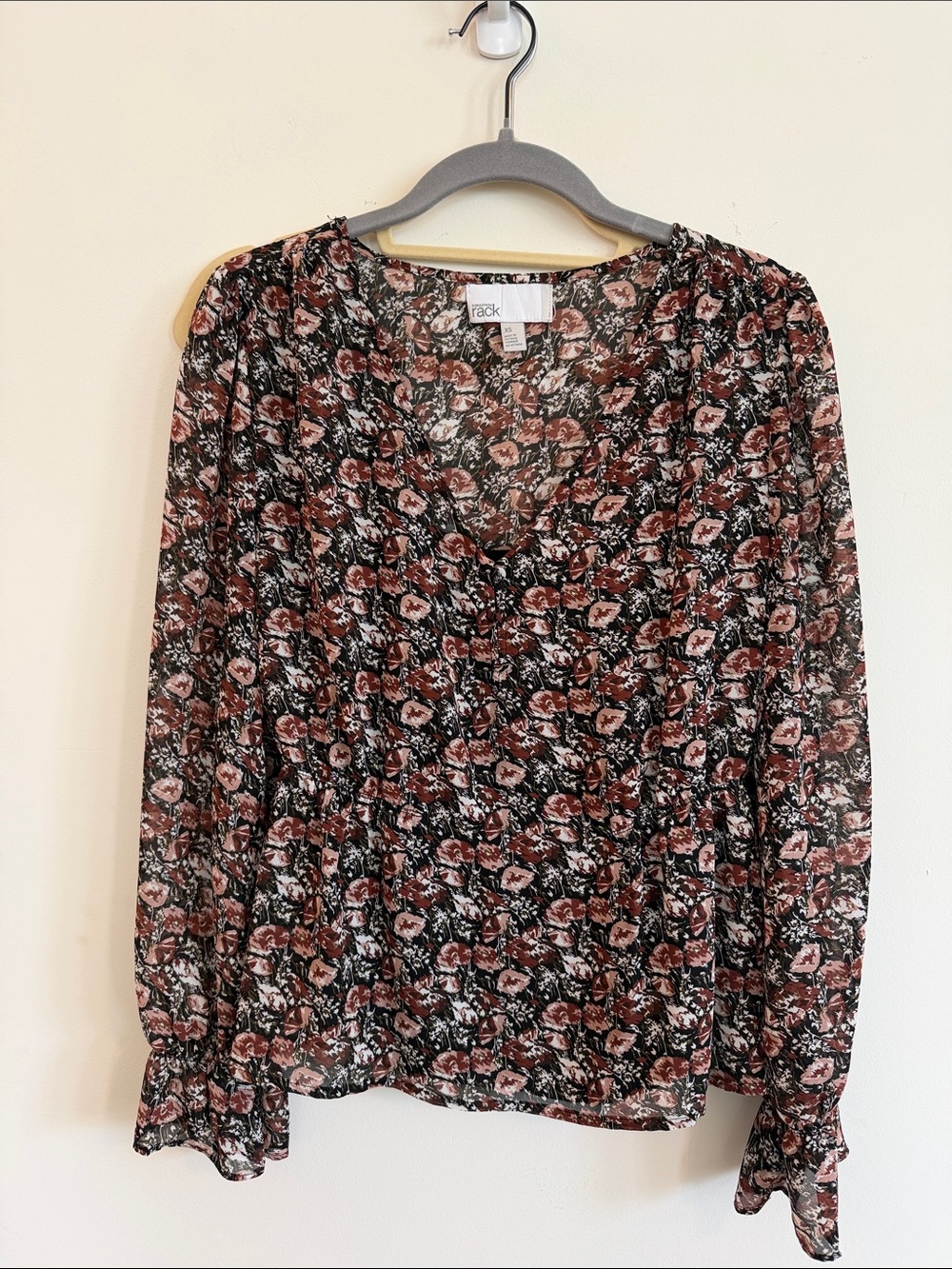Floral Long-Sleeve V-Neck Blouse in Black and Rose